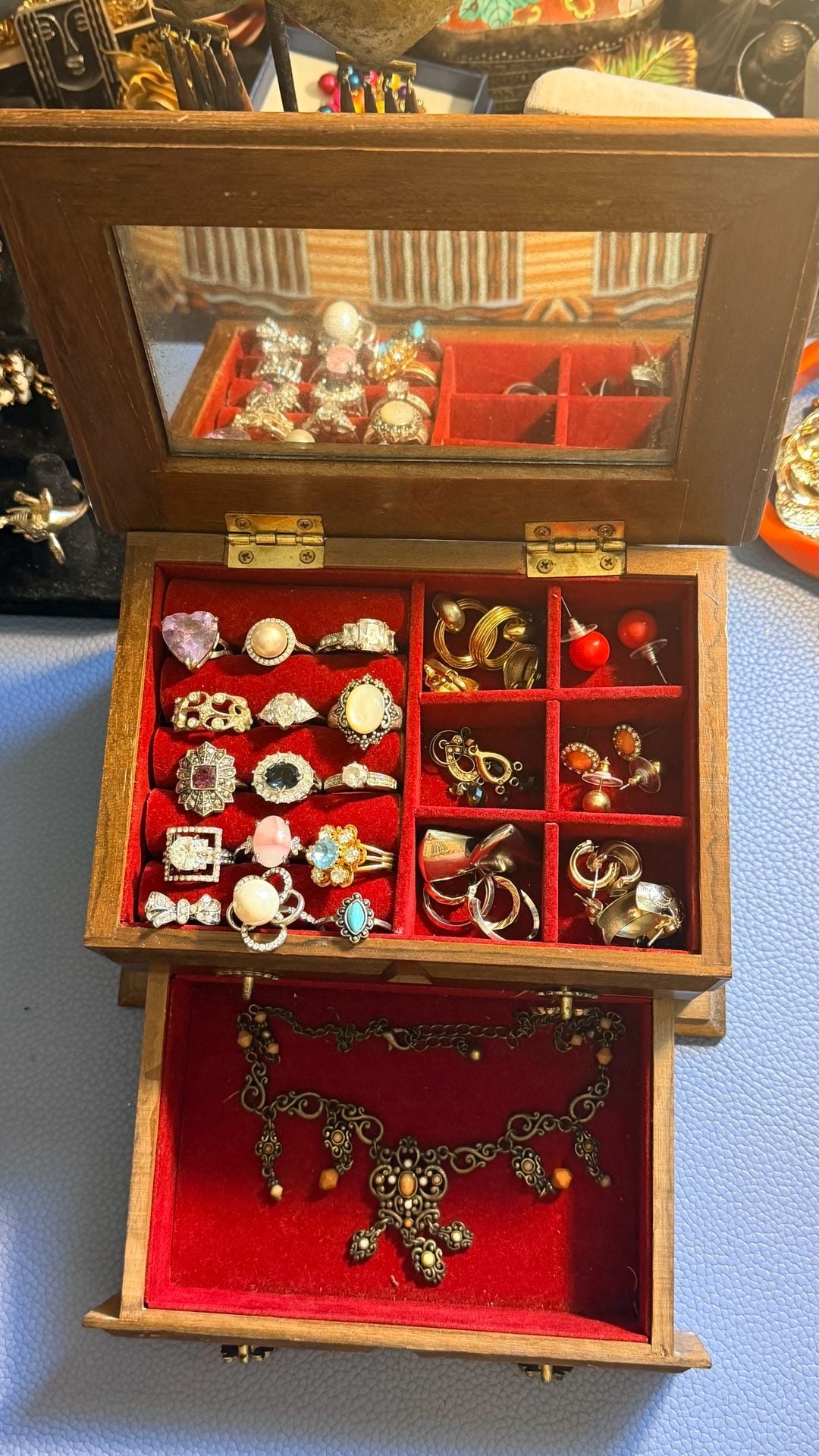 Vintage Wooden Jewelry Box With Vintage Jewelry